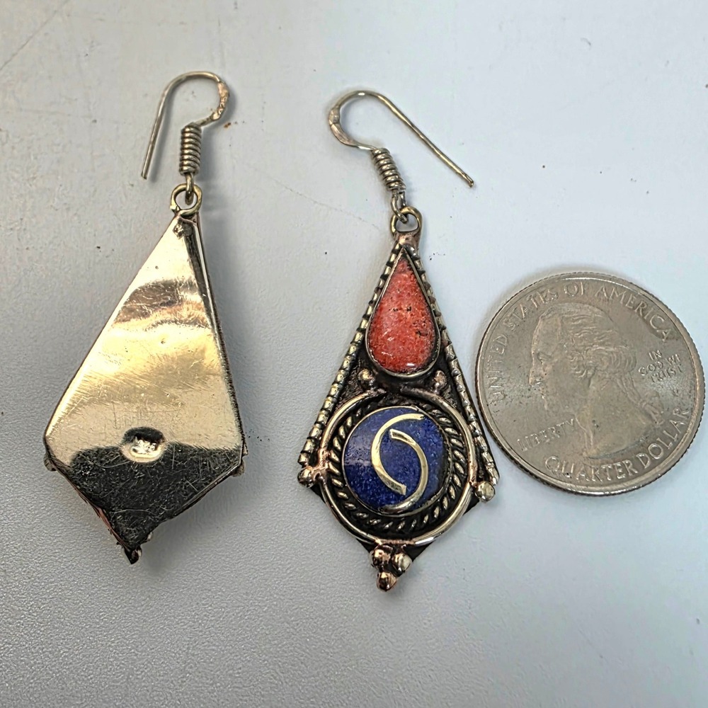 Tibetan Handmade Lapis Red Coral Silver Dangle Earrings Boho - Picture 4 of 4